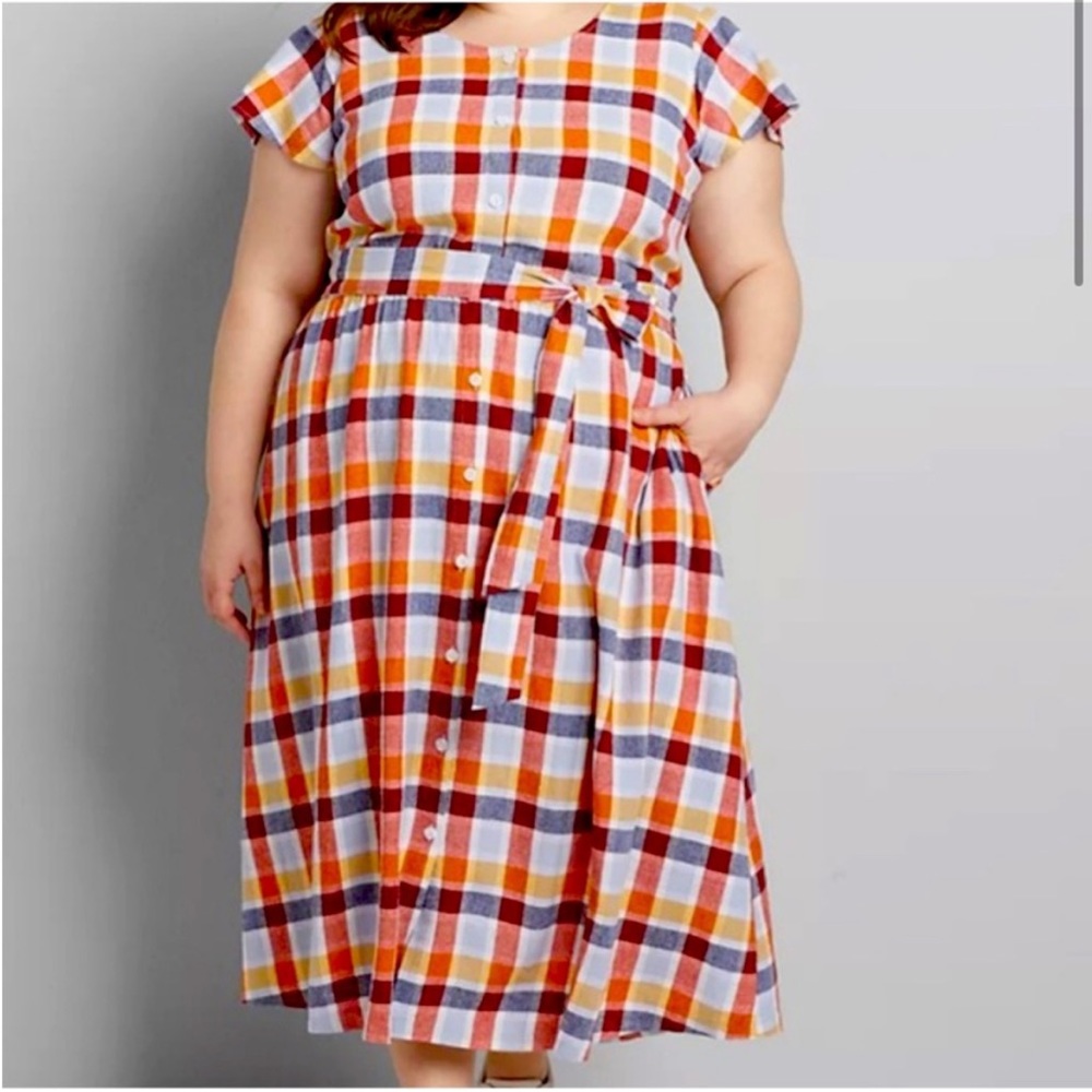 Lane Bryant Plaid Button Front Linen Blend Dress Size 16